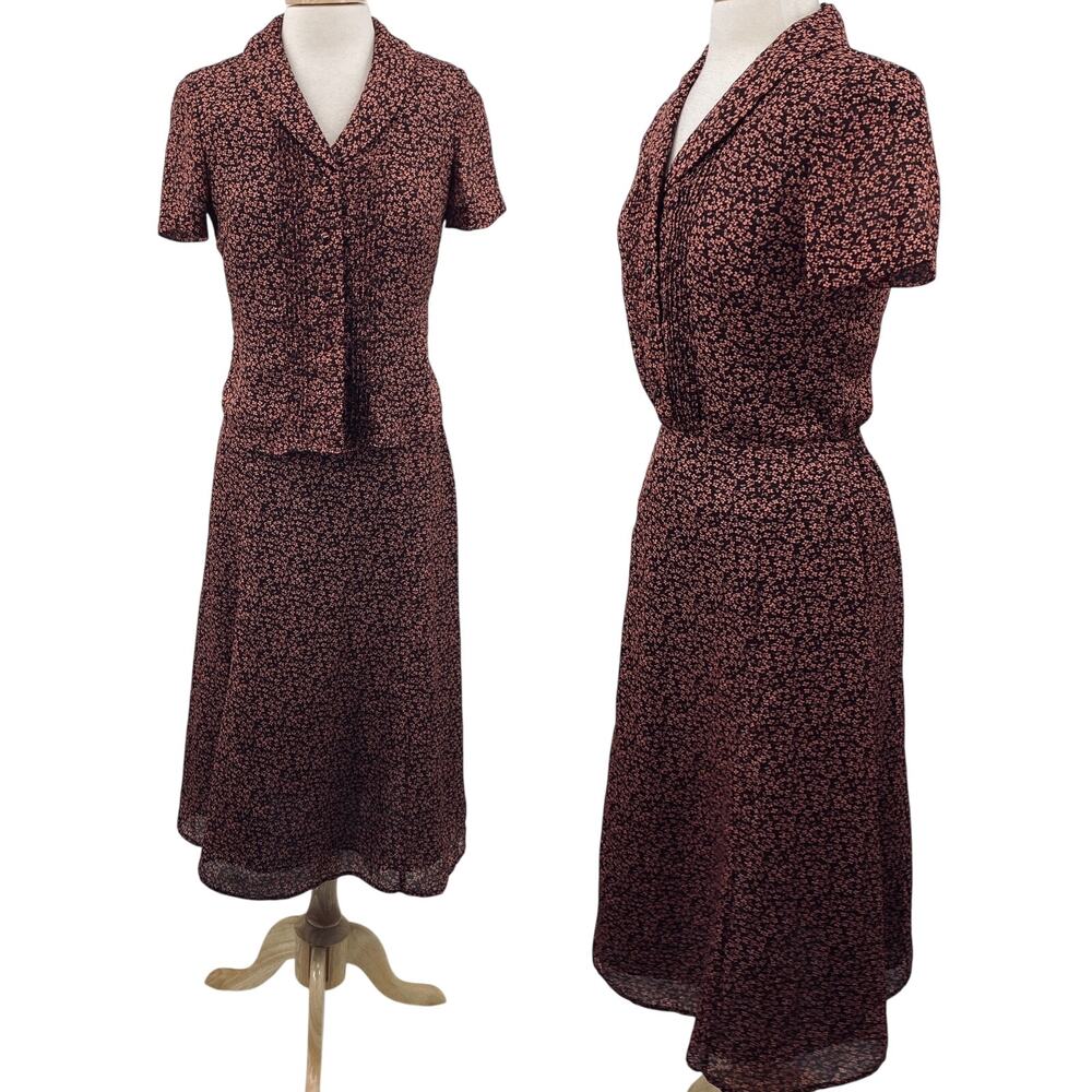 Vintage 90s Floral Print Skirt Set Matching Blouse & Midi Skirt Pink Maroon 8 P